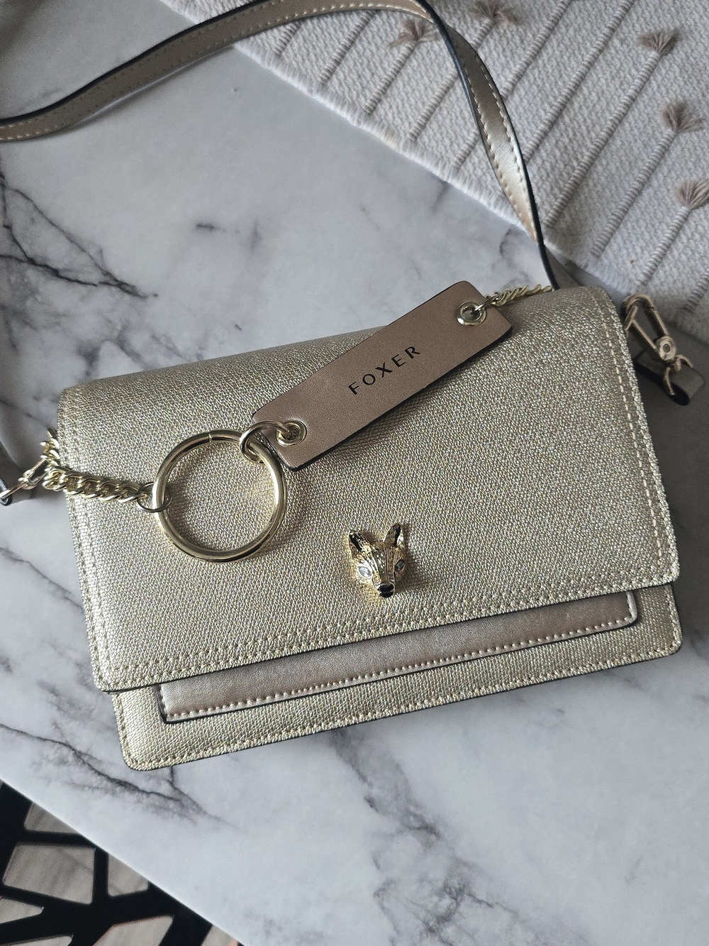 NEW Real Leather Fox Metallic Gold Crossbody Bag with Fox Charm